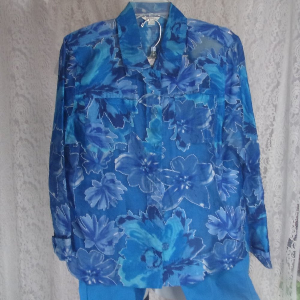Erin London Blue Burnout Design Top Blouse Size L NWOT